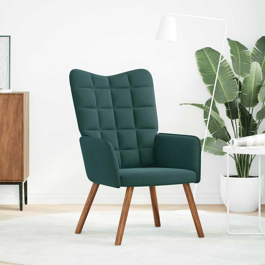 Fluwelen Relaxstoel – Loungestoel – Fauteuil – Zitstoel – Loungefauteuil – Zacht Fluweel – Robuust Frame Met Houten Poten – Comfortabele Gevoerde Zitting En Rugleuning – Donkergroen