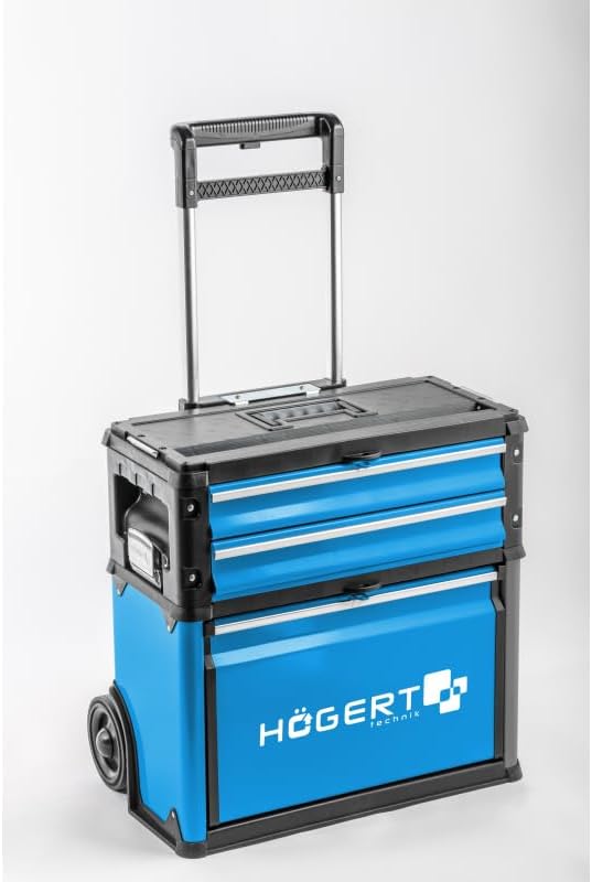 HÖGERT Technik Gereedschapskist - 3-delig, modulair, mobiele servicekast met laden, 45 kg capaciteit, geïntegreerde wielen en telescopische handgreep, ideaal voor onderhoudsdiensten, werkplaatsen en