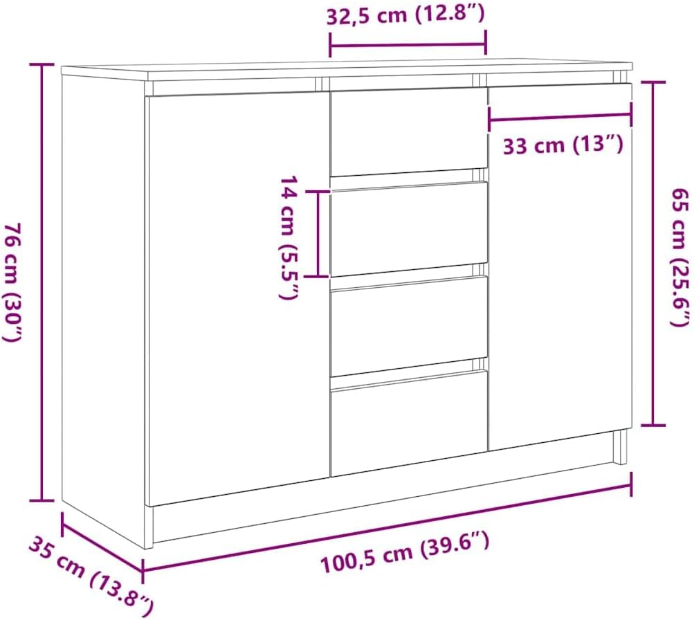 Sideboard – Opbergmeubel – Dressoirkast – Hal kast – Buffetkast – Rook Eiken – Duurzaam Bewerk Hout – Compact Formaat 100,5x35x76 cm