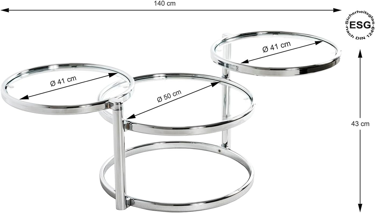 HAKU Salontafel chroom, Metaal, veiligheidsglas - Maat: B 58-140 cm x H 43 cm x D 50 cm, Stijl: Modern