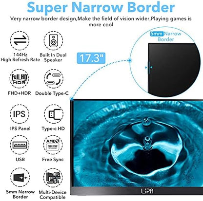 Lipa HDR-60 portable monitor Full HD 17.3" / 144Hz/Portable screen/HDMI/2x USB C/With case and kickstand/Also for consoles/Easy to carry / 1920 x 1080 pixels/Dual Speakers - QUORE