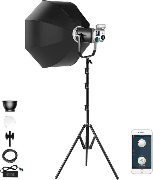 GVM 200W LED videoverlichting met softbox, Bowens 3200K-5600K LED videoverlichting, APP- en DMX-besturing LED studio continu licht voor fotografie, video, interview, YouTube, 93000Lux/0,5m