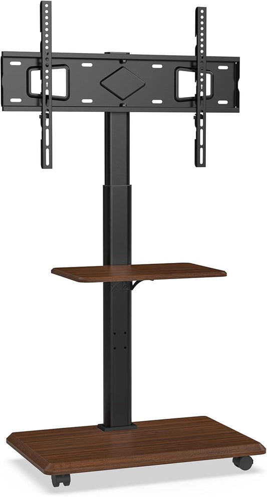 Mobiele Tv-standaard Met Houten Voet – Verrijdbare Tv-standaard – Tv-standaard Op Wielen – Tv-Trolley – Tv-Onderstel – Voor 32-70 Inch, Tot 45 Kg – In Hoogte Verstelbaar Tot Ca. 130 Cm, Draaibaar ±25 Graden