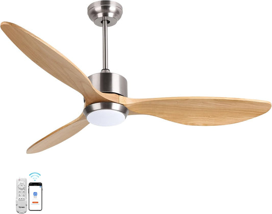 Ovlaim 132cm massief houten plafondventilatoren met verlichting Afstandsbediening, Stille DC Motor 3 Blade Propeller Slimme Plafondventilator, Binnen Woonkamer Slaapkamer, Natuur & Zilver