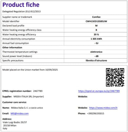 Comfee CWH15ED1350EUW Elektrische wandverwarming, 80 liter, met onderspoelruimte, compact en eenvoudig te installeren, wifi-verbinding, bediening via app, wit, energieklasse B