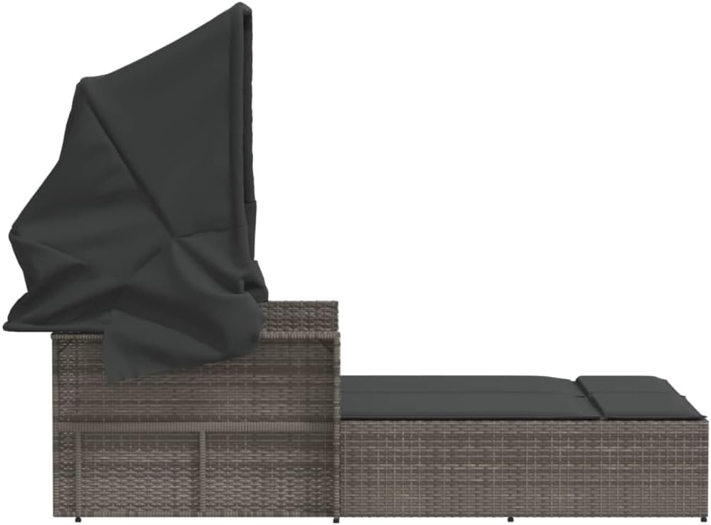 Gecheer Dubbel ligbed met luifel en grijze kussens van polyrotan, professionele zonneligstoel, zonneligstoel voor buiten, tuinligstoel, ligstoel, P365809 - QUORE