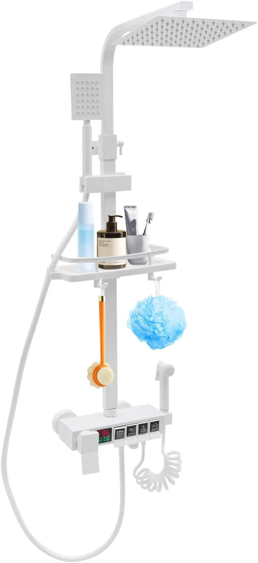 OUKANING Shower System with Thermostat, Digital, Rotary Knob, Shower Set with Storage Basket, Including Overhead Shower, Hand Shower, High Pressure Water Gun and Drain Tap (White, Colour Basin) - QUORE