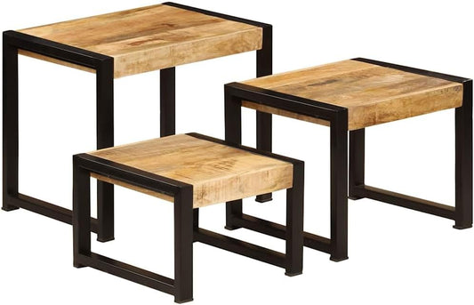 vidaXL Solid Mango Wood Table Set 3-Piece Table Set Side Table Table