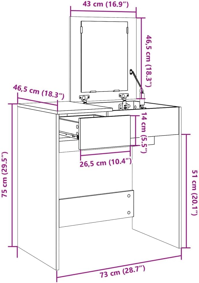 Kaptafel – Make-uptafel – Kap Tafel – Make Up Tafel – Toilettafel – Betongrijs – Stevig Bewerkte Hout – Compact 73x46,5x120 cm