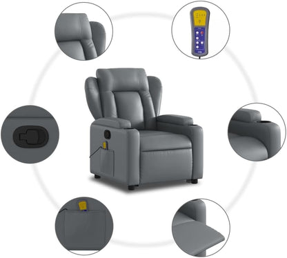 Massagestoel Met Opstahulp – Relaxstoel – Opstastoel – Tv-Stoel – Verstelbare Fauteuil – Grijs Kunstleer – Elektrische Opstahulp – 6-Punts Vibratiemassage