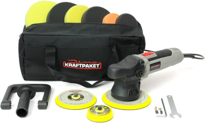 Dino KRAFTPAKET 640220 9mm-650W excentrische polijstmachine, oneindig variabele set met polijstspons & Dino KRAFTPAKET UPGRADE set 75mm 125mm steunplaat en polijstpads, (640220, 640296)