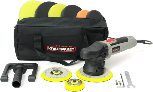 Dino KRAFTPAKET 640220 9mm-650W excentrische polijstmachine, oneindig variabele set met polijstspons & Dino KRAFTPAKET UPGRADE set 75mm 125mm steunplaat en polijstpads, (640220, 640296)