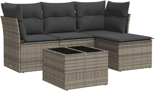 vidaXL 5-Piece Lounge Set with Cushions Poly Rattan Grey, Garden Set, Garden Furniture, Patio Set, Garden Furniture, Lounge Sofa, Lounge Set Garden - QUORE