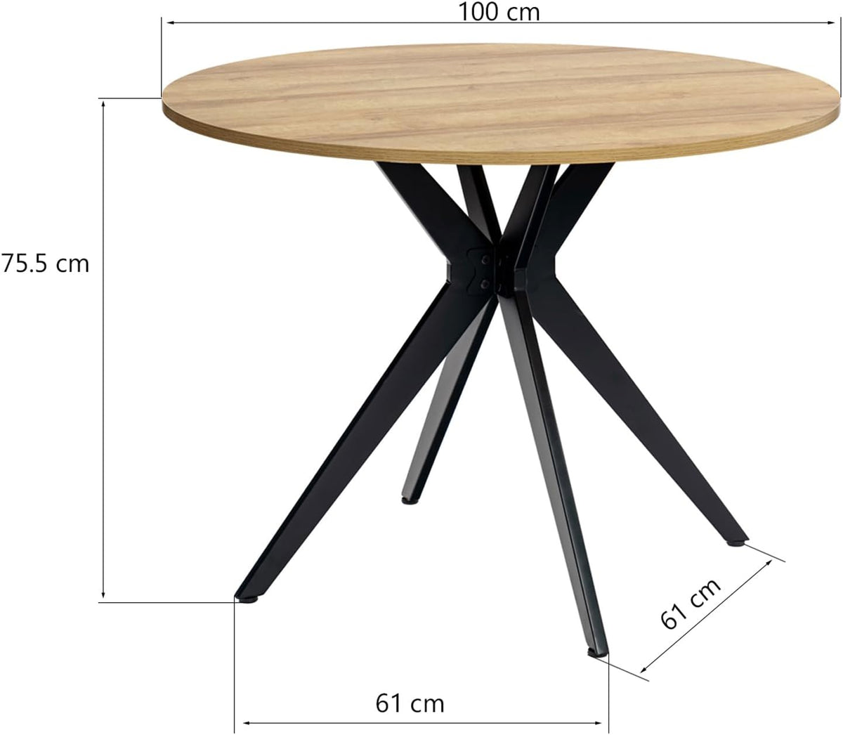 MEUBLE COSY Ronde eettafel voor keuken, woonkamer, kantoor, retrostijl, voor 4 personen, metalen frame, eiken + zwart, 100 x 100 x 75 cm