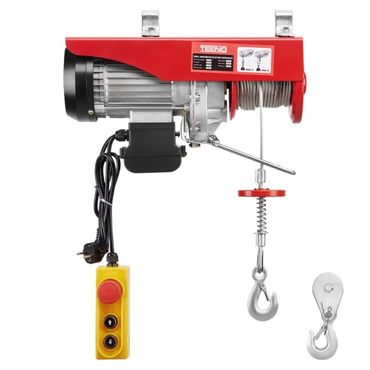 TEENO Elektrische takel 1450 W 20 m, overbelasting lift elektrische lier 220 V, enkele en dubbele ophanging 400 kg/800 kg, 6 m/min |12 m/min rood