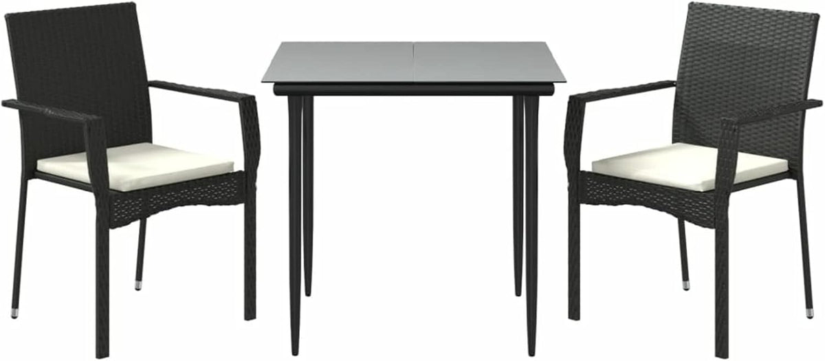 Tidyard Set of 3 Dining Room Garden Poly Rattan Black and Steel Glass Table Set 80 cm and 2 Chairs with Armrests for Outdoor, Table and Chairs for Garden, Patio, Outdoor - QUORE