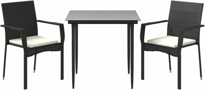 Tidyard Set of 3 Dining Room Garden Poly Rattan Black and Steel Glass Table Set 80 cm and 2 Chairs with Armrests for Outdoor, Table and Chairs for Garden, Patio, Outdoor - QUORE