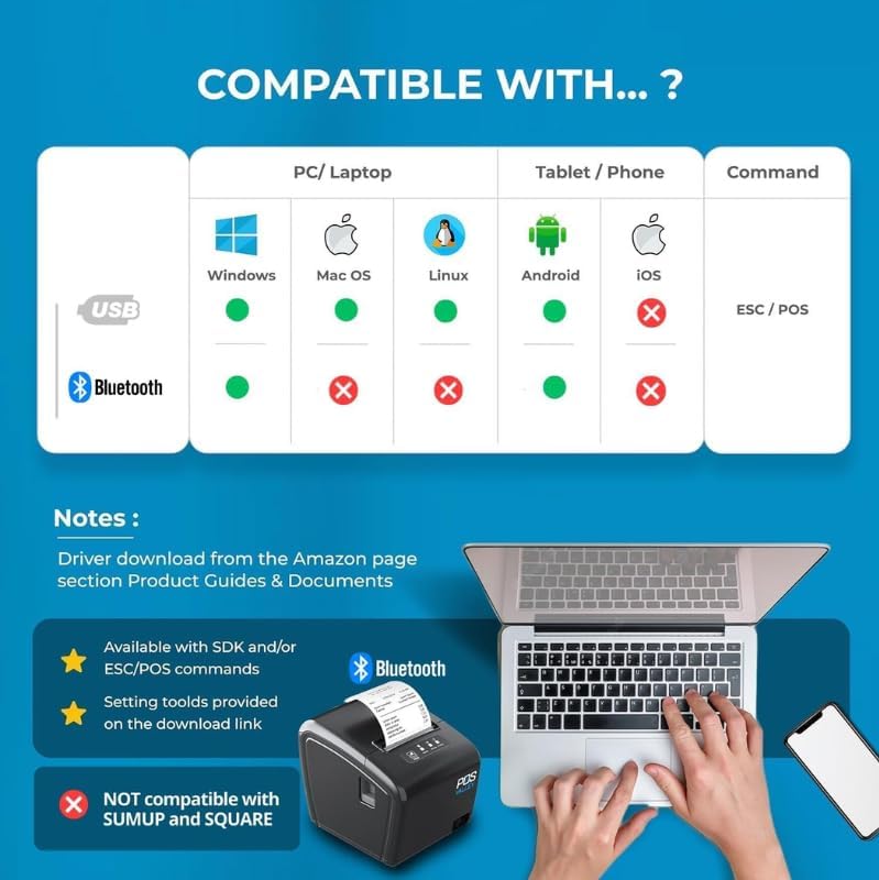 80 mm thermische bonprinter – Bonprinter – Kassaprinter – POS-printer – Thermodirectprinter – USB en Bluetooth – Automatische snijder tot 260 mm/sec