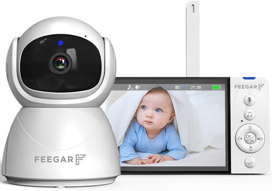 Feegar Babyfoon met camera, babymonitor, 5 inch, 720P HD-display, 2,4 GHz, PTZ 355°/120° babymonitor met afstandsbediening, 2 x zoom, VOX-modus, nachtzicht, temperatuursensor, slaapliedjes, 5000 mAh
