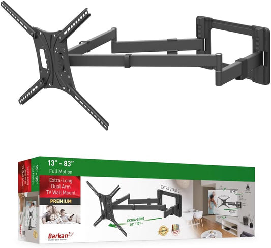 Barkan 1 meter lange tv-wandbeugel, 13-80 inch dubbele arm, zwenkbaar/volledige beweging plat en gebogen televisie tv-beugel, houdt tot 50 kg, extra stabiel, 101 cm, voor LED OLED LCD, max. VESA