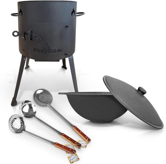 Utschak KazanoFF Fire Oven with Cast Iron Pan, Flat Bottom with Lid (10 L), Ladle 48 cm, 2 Scoops 48 cm, KazanoFF Outdoor Fire Bowl, Camping, Kazan, Goulash Cannon, Dutch Oven (Set 5)