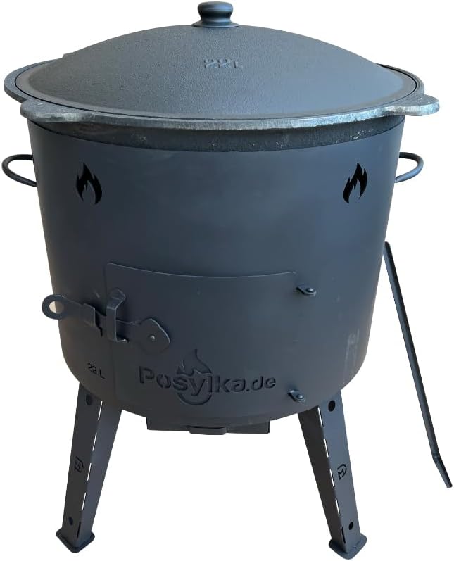Utschak KazanoFF Fire Oven with Cast Iron Pan Round Base with Lid (22 Litres) Outdoor Fire Bowl Camping Kazan Goulash Cannon Dutch Oven (Set 5) - QUORE