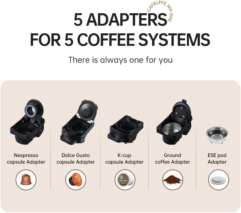 CAFELFFE MK-606 5-in-1 koffiemachine, espressomachine, 19 bar, warm-/koudgezette espressomachine, compatibel met K-Cup/Nes Original/DG/44 mm ESE en gemalen, 7 waterniveaus, thuis/kantoor, zwart