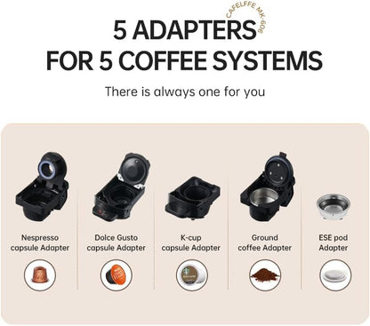 CAFELFFE MK-606 5-in-1 koffiemachine, espressomachine, 19 bar, warm-/koudgezette espressomachine, compatibel met K-Cup/Nes Original/DG/44 mm ESE en gemalen, 7 waterniveaus, thuis/kantoor, zwart