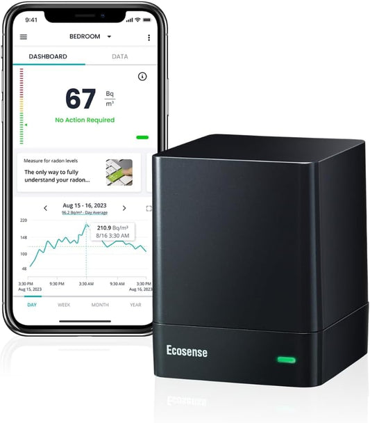 Ecosense EQ100 EcoQube, digitale radondetector, snelle detectie van schommelende niveaus, korte- en langetermijnmonitoring met trendgrafieken, externe gegevens toegang, Wi-Fi 2,4 GHz alleen netwerken