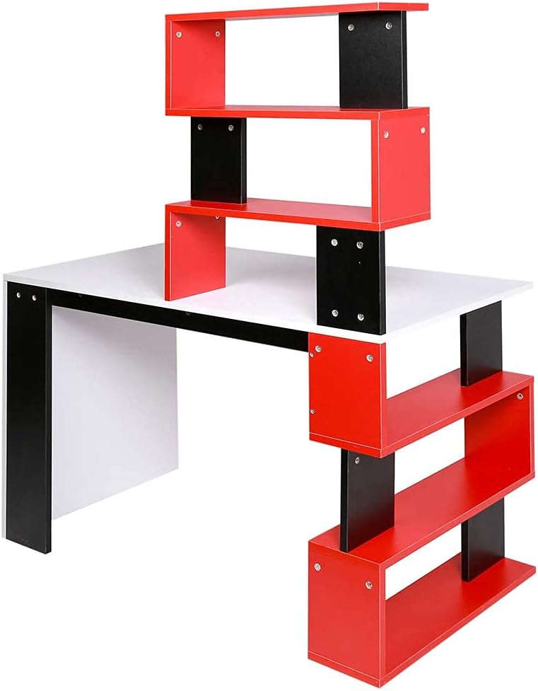 BAKAJI Bureau met dubbele boekenkast, 7 planken, werktafel, pc-computer, frame en tafelblad van MDF-hout, meubels voor thuis, kantoor, slaapkamer, modern design, 120 x 60 x 148 cm (rood)