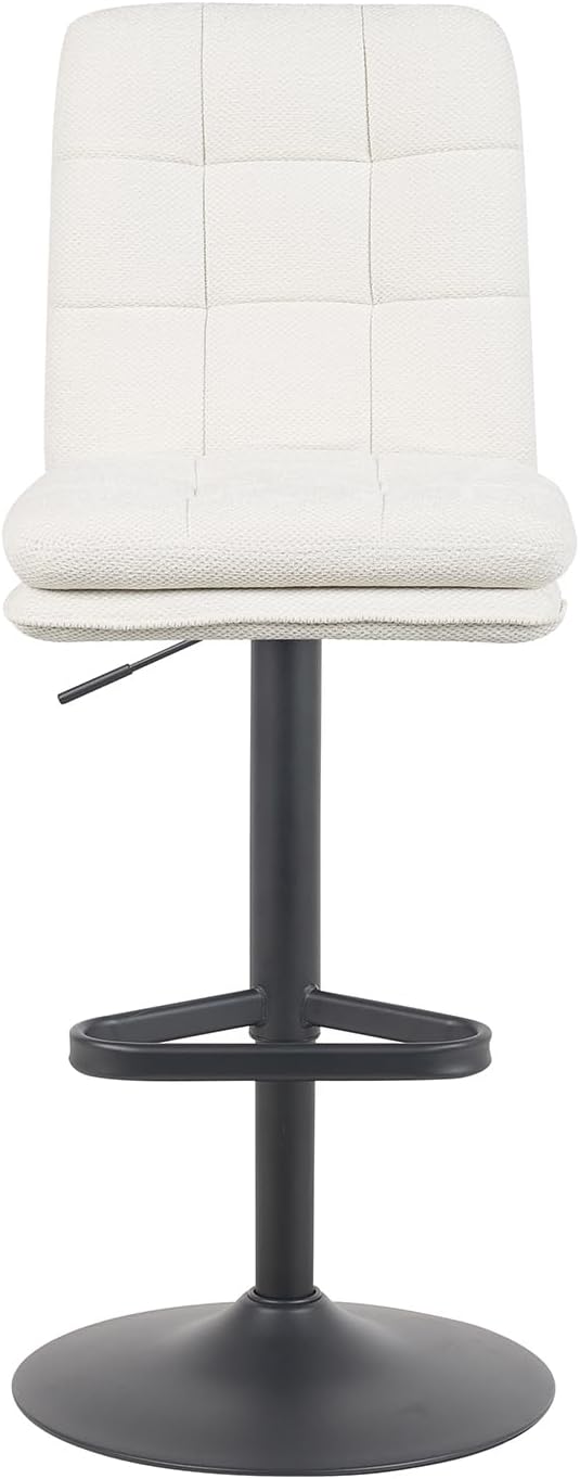 DUBI Möbel Enno Bar Stool – Double Cushions & Padded Backrest – Continuously Adjustable Height – Black Matte Dish Base with Triangular Footrest – Woven Fabric Cream - QUORE
