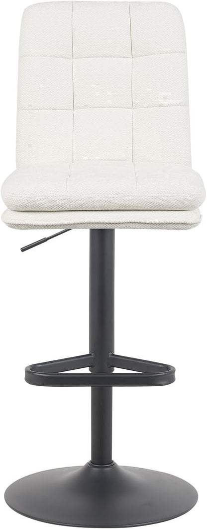 DUBI Möbel Enno Bar Stool – Double Cushions & Padded Backrest – Continuously Adjustable Height – Black Matte Dish Base with Triangular Footrest – Woven Fabric Cream - QUORE