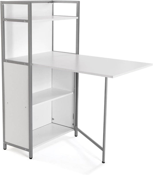 Versa Blumenau Eettafel met schappen voor keuken, terras, tuin of eetkamer, Inklapbaar werkblad, Afmetingen (H x B x H) 120 x 30 x 62 cm, Hout, PVC en Metaal, Kleur Wit