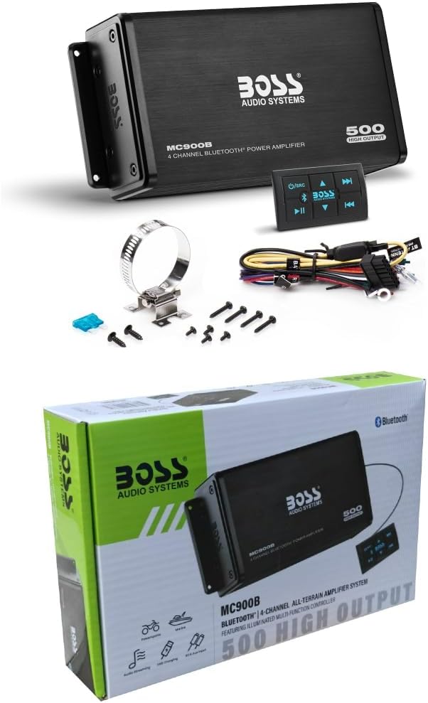 KIT SET VOOR BOSS AUDIO SYSTEMS MC900B, 1 Versterker 4-kanaals Bluetooth Marine, 500 Watt Max., Full-range, Klasse A/B, met Verlichte Multifunctionele Controller, 1 stuk