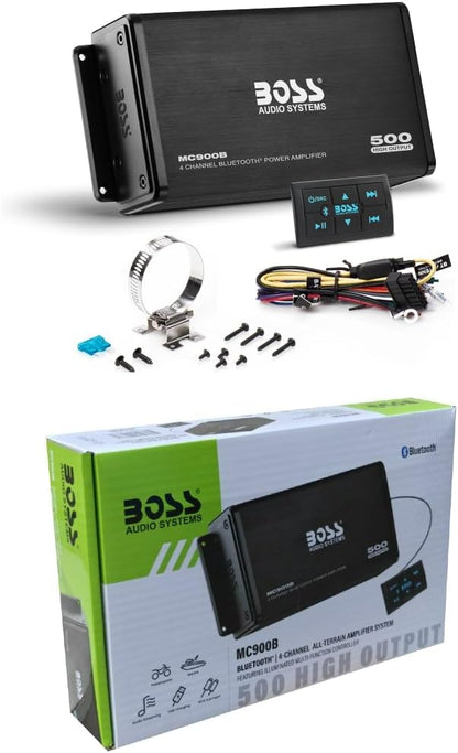 KIT SET VOOR BOSS AUDIO SYSTEMS MC900B, 1 Versterker 4-kanaals Bluetooth Marine, 500 Watt Max., Full-range, Klasse A/B, met Verlichte Multifunctionele Controller, 1 stuk