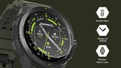 Hammer Watch 2 Military Edition, GPS, AMOLED Gorilla-glas 1,5 inch, grote 530 mAh batterij, tot 15 dagen gebruik met één lading, 5 ATM-weerstand, SOS-knop, LED-zaklamp, groen, 1.5 zoll, Tactisch
