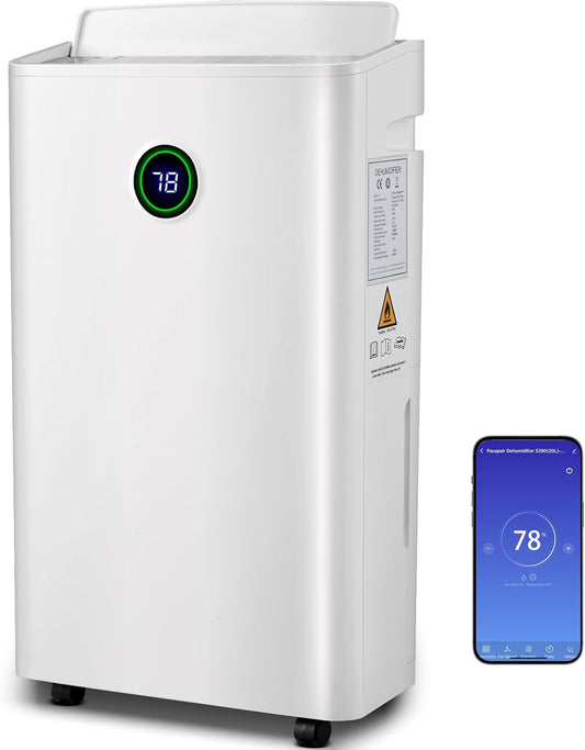 pasapair Luchtontvochtiger 20 liter in 24 uur ontvochtigingsvermogen – automatische ontvochtiger voor ruimtes ca. 195 m³ (~30 m²) met 3 standen, digitaal display, afvoerslang, timer tegen vocht