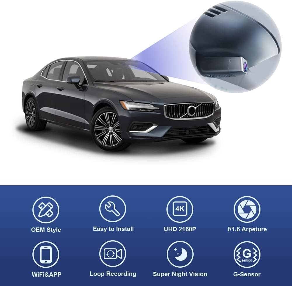 FITCAMX Dash Cam Compatibel met Volvo S60 V60 2022 2021 2020 2019 T5 T6 T8, Geïntegreerde 4K Stealth, 2160P UHD Video WiFi, OEM-stijl Volvo-accessoires, G-Sensor, Nachtzicht, 64GB-kaart