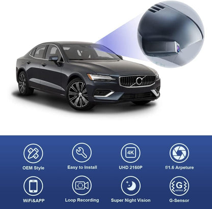 FITCAMX Dash Cam Compatibel met Volvo S60 V60 2022 2021 2020 2019 T5 T6 T8, Geïntegreerde 4K Stealth, 2160P UHD Video WiFi, OEM-stijl Volvo-accessoires, G-Sensor, Nachtzicht, 64GB-kaart