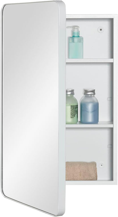 Fundin Spiegel medicijnkast voor badkamer - metalen omlijst ronde hoekdeur, verstelbare planken, mat wit, opbouwmontage, wandmontage, 38 x 65 cm