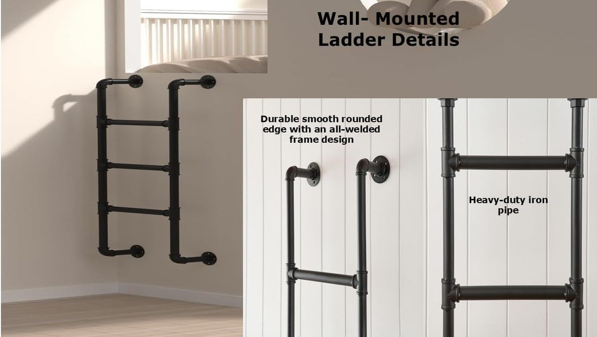 4-Treed Bunk Bed Ladder, 1.25×0.46m Muurmontage voor Kelderraam, Zwart Smeedijzeren Industrieel Pijp Stap Belasting 149.7kg, Binnen Buiten Metaal voor Zolder Loft Slaapzaal RV Dek Muur