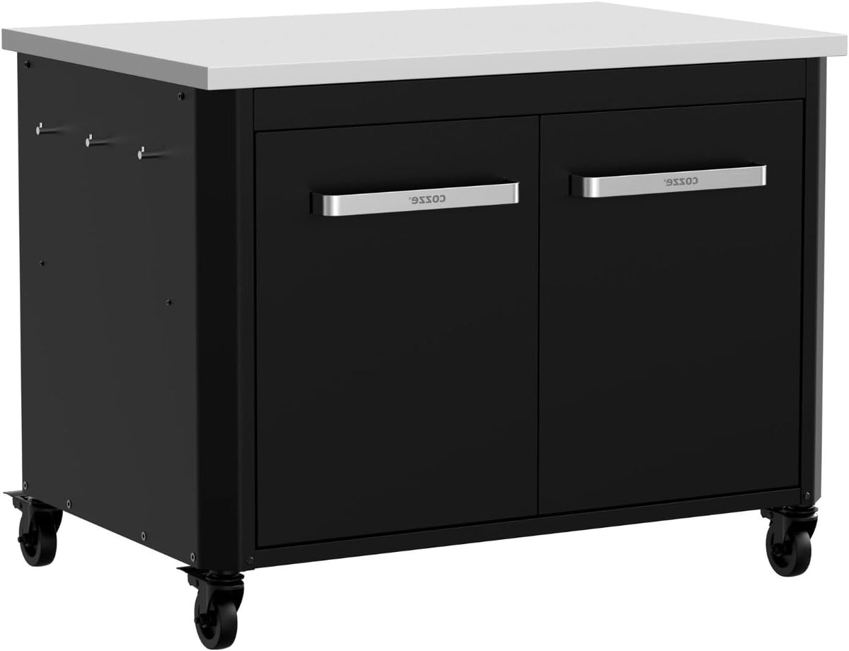 Cozze | Low outdoor kitchen H70 cm with stainless steel worktop | Ideal height for plancha | 2 doors | 2 shelves | 6 hooks | 4 wheels Ø75 mm | Powder coated steel | Load capacity 100 kg - QUORE