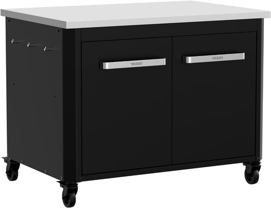 Cozze | Low outdoor kitchen H70 cm with stainless steel worktop | Ideal height for plancha | 2 doors | 2 shelves | 6 hooks | 4 wheels Ø75 mm | Powder coated steel | Load capacity 100 kg - QUORE