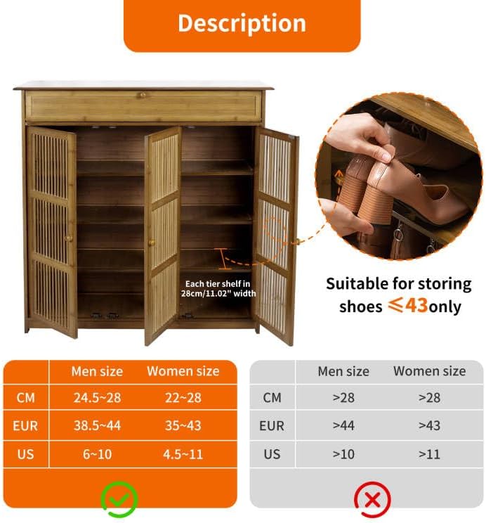unho Bamboe schoenopbergkast: houten schoenenrek organizer met 3 holle deur en lade voor hal entree 4 niveaus