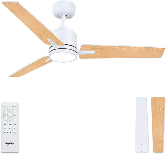Newday Plafondventilator met Lichten en Afstandsbediening, 122cm Witte Houten Plafondventilator met Lampen Dimbaar, Rustige Omkeerbare DC Plafondventilator met 6 Snelheden voor Woonkamer Terras