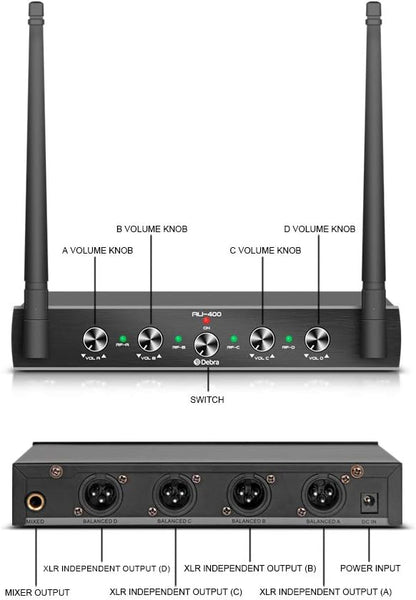 Debra Audio Pro UHF Draadloos 4-Kanaals Microfoonset met Handheld Mics, Metalen Ontvanger voor Karaoke en Kerk (B-frequentie)