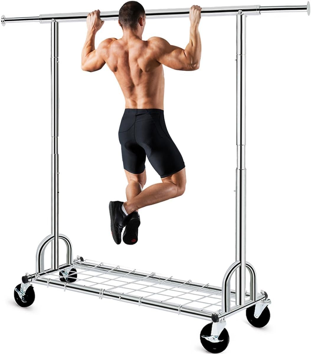 HOKEEPER Uitschuifbare heavy-duty kledingrail kapstok met plank, kledingrail met industriële vergrendelingswielen, 200 kg capaciteit professionele opvouwbare kledingrail