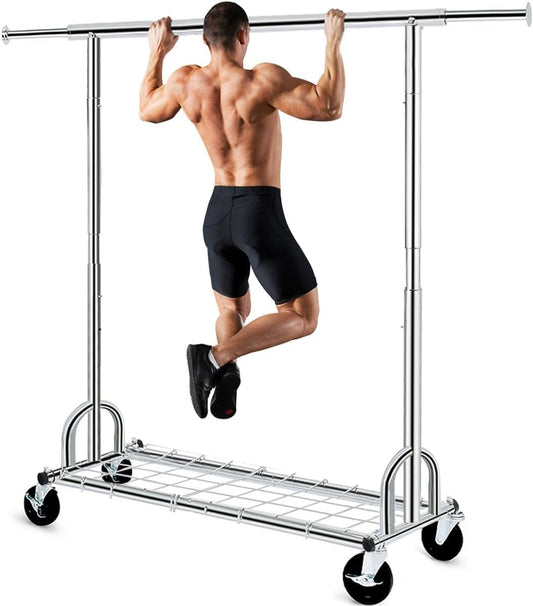 HOKEEPER Uitschuifbare heavy-duty kledingrail kapstok met plank, kledingrail met industriële vergrendelingswielen, 200 kg capaciteit professionele opvouwbare kledingrail