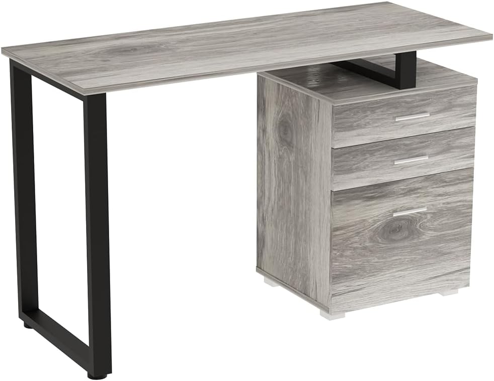 BAKAJI Scrivania Con cassettiera Bureau met lade, computertafel, staal, hout, kantoor grijs, Unica