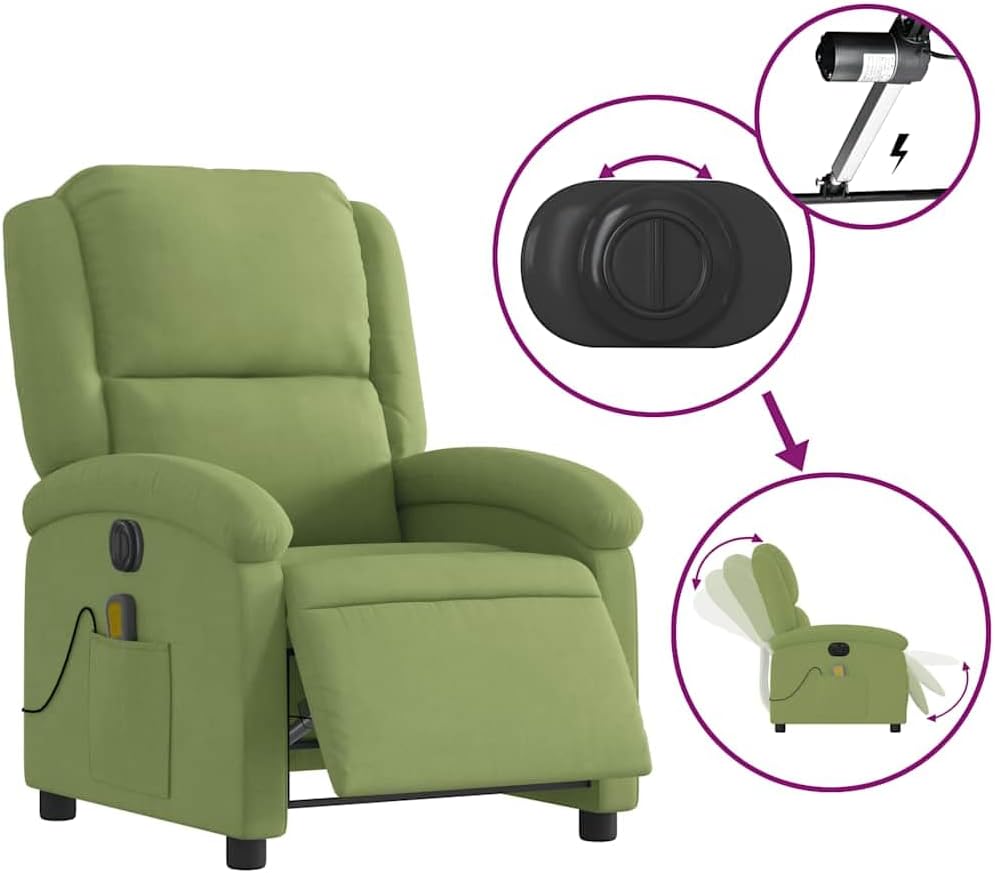 Massagefauteuil – Relaxfauteuil – Elektrische Relaxstoel – Verstelbare Fauteuil – Ligstoel – Elektrisch Verstelbaar – 6-Punts Vibratiemassage – Lichtgroen Velvet